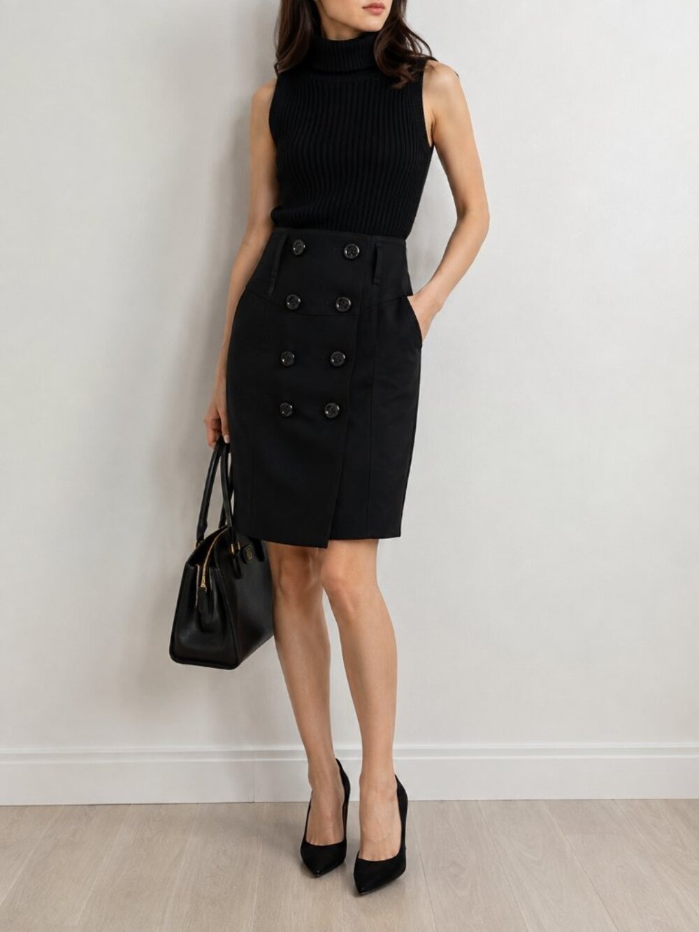 Burberry London Black Double Breasted Pencil Skirt Size 38 0774